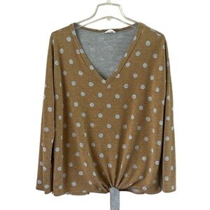 BiBI Pullover Mustard Color w/Gray Polkadot Tie at Waist Pink Elbow Patch Size M